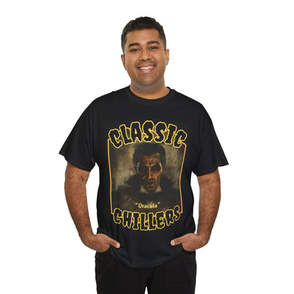 "Dracula" black t-shirt with gothic master of vampires graphic and classic chillers logo; front view; on model.
