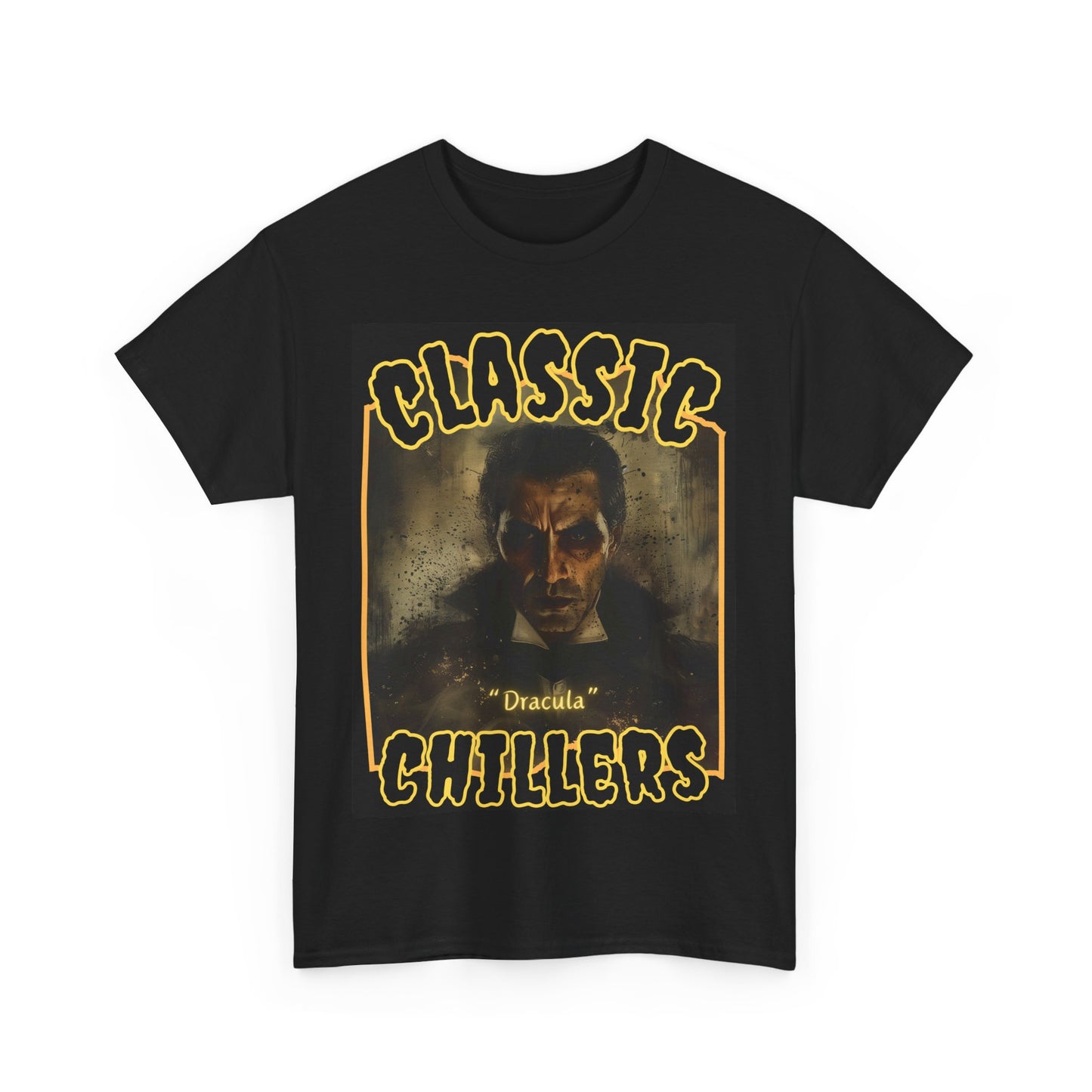 "Dracula" black t-shirt with gothic master of vampires graphic and classic chillers logo; front view; flat lay.
