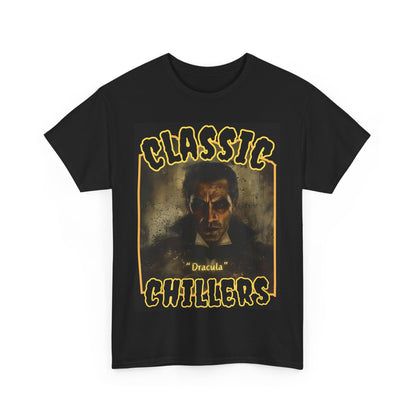 "Dracula" black t-shirt with gothic master of vampires graphic and classic chillers logo; front view; flat lay.
