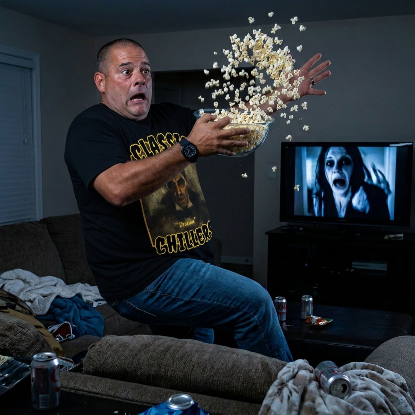 "Dracula" black t-shirt with gothic master of vampires graphic and classic chillers logo; three-quarter view; on model startled in a living room throws popcorn into the air with  a TV showing a horror movie
