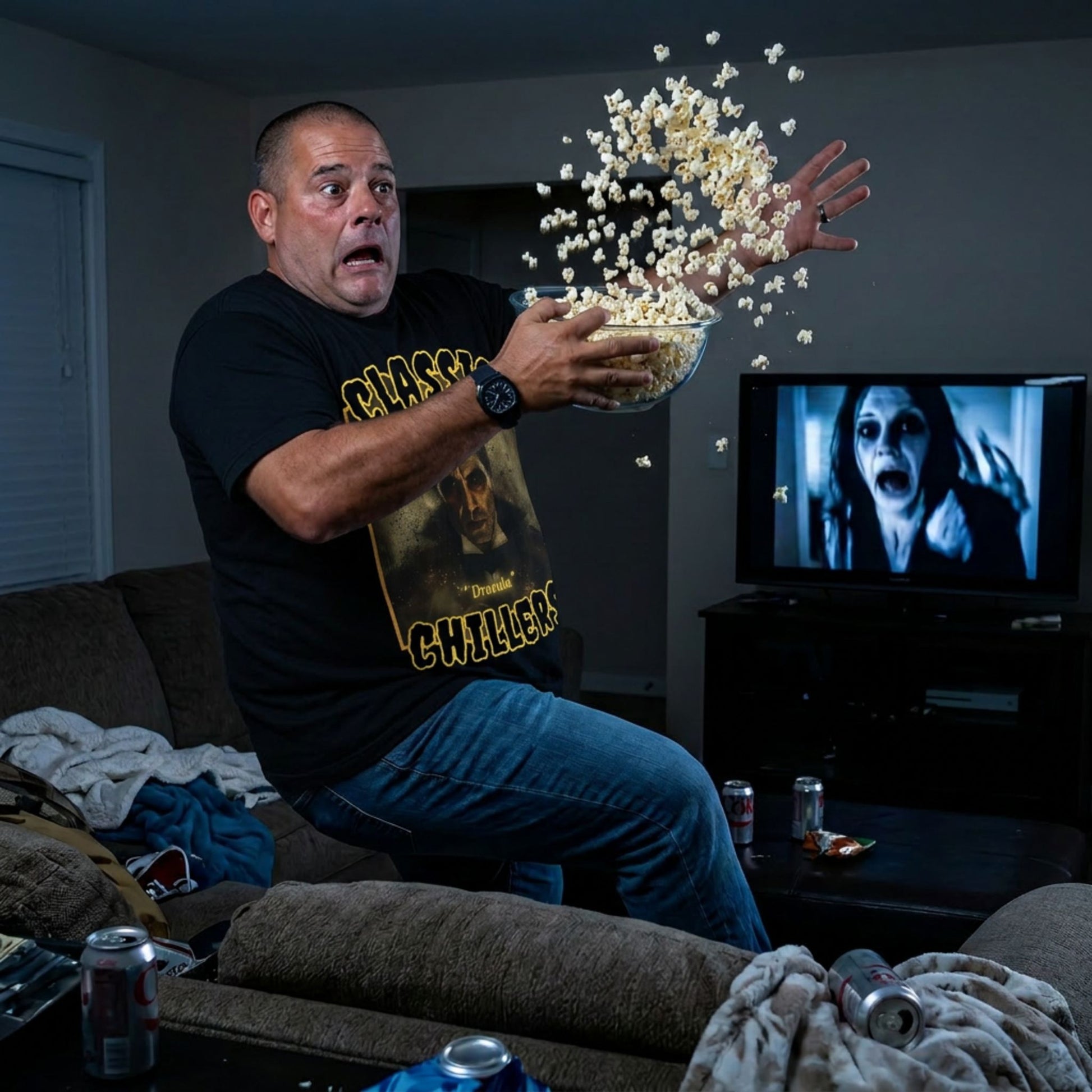 "Dracula" black t-shirt with gothic master of vampires graphic and classic chillers logo; three-quarter view; on model startled in a living room throws popcorn into the air with  a TV showing a horror movie
