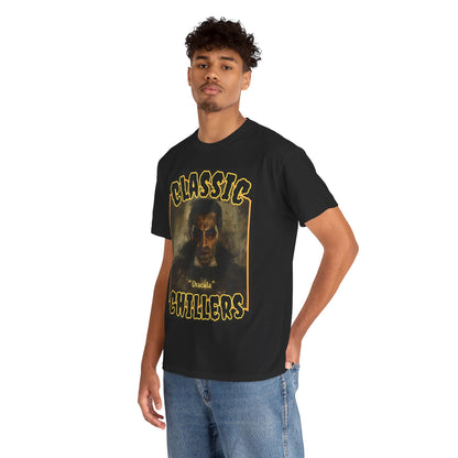 "Dracula" black t-shirt with gothic master of vampires graphic and classic chillers logo; three-quarter view; on model.
