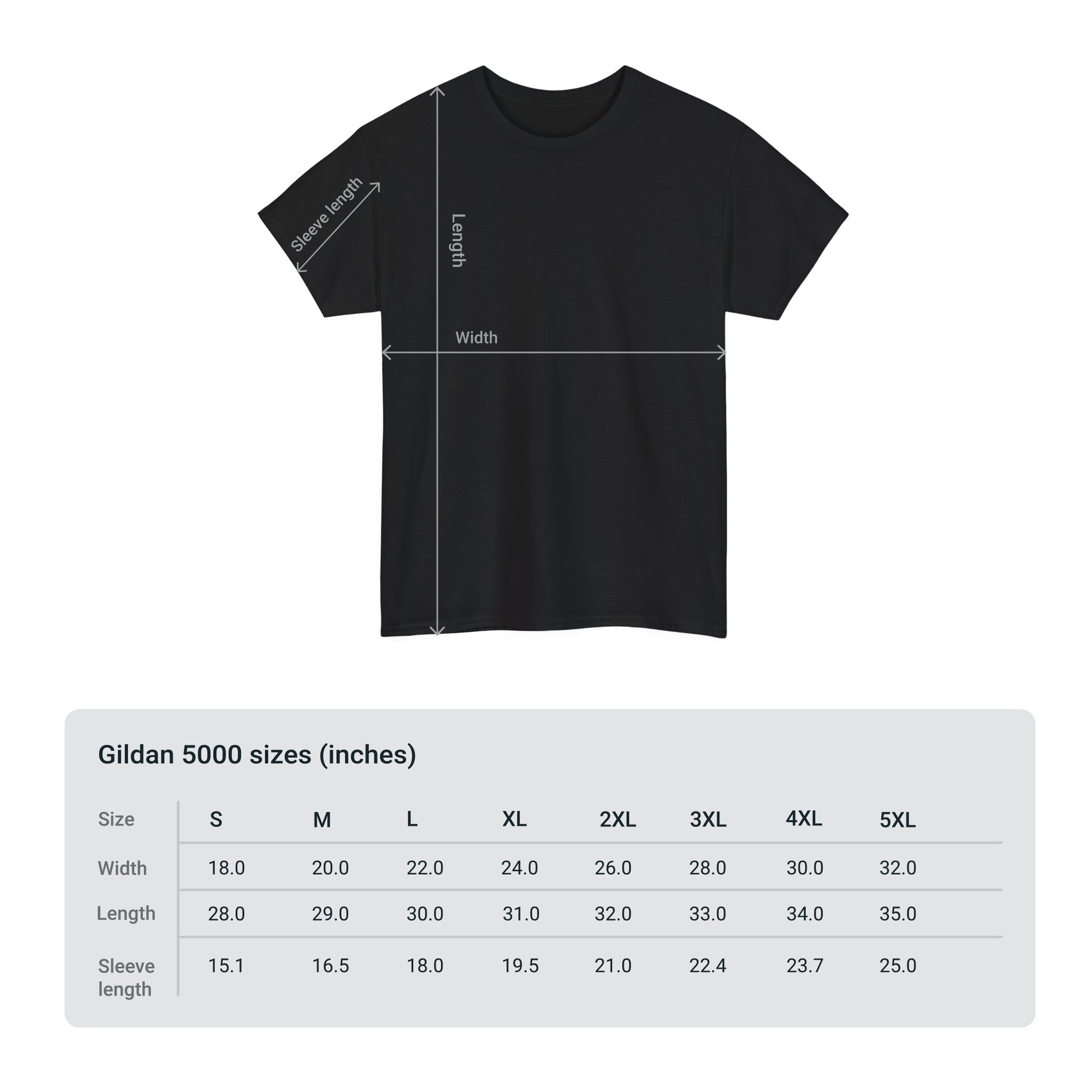 "Dracula" t-shirt chart includes width, length, and sleeve length; in various sizes. 
