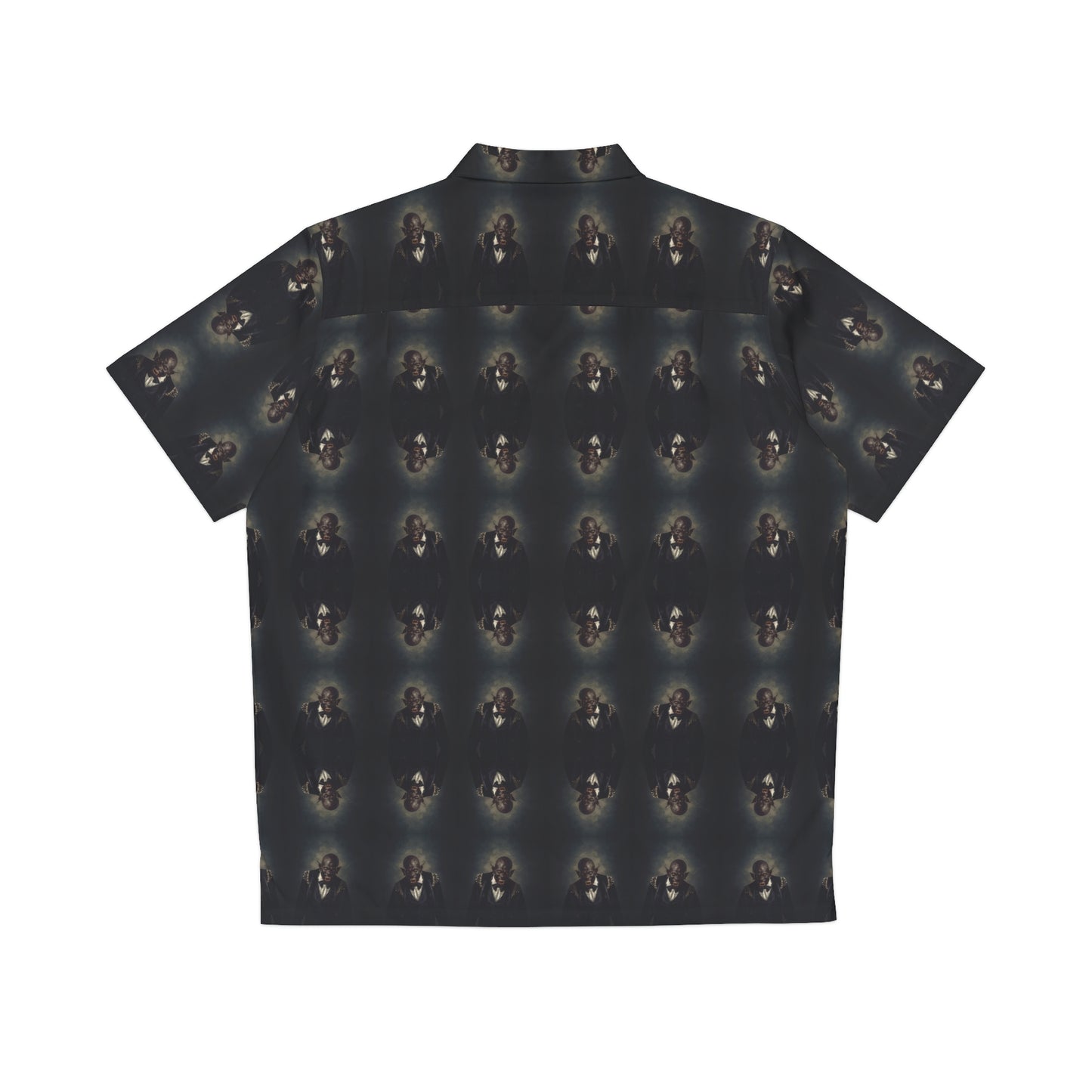 "Dracula Lives" men's Hawaiian shirt with snarling black vampire graphic in monster aloha pattern; back view; flat lay.
