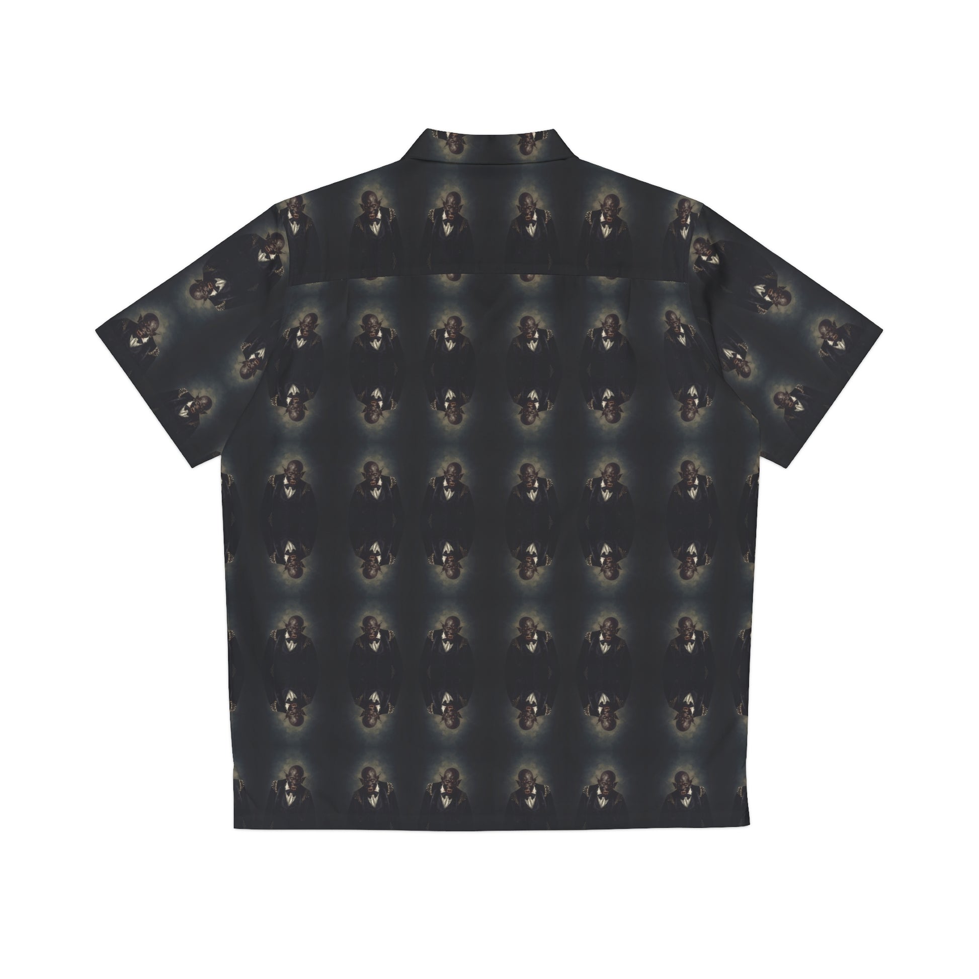 "Dracula Lives" men's Hawaiian shirt with snarling black vampire graphic in monster aloha pattern; back view; flat lay.
