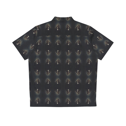 "Dracula Lives" men's Hawaiian shirt with snarling black vampire graphic in monster aloha pattern; back view; flat lay.
