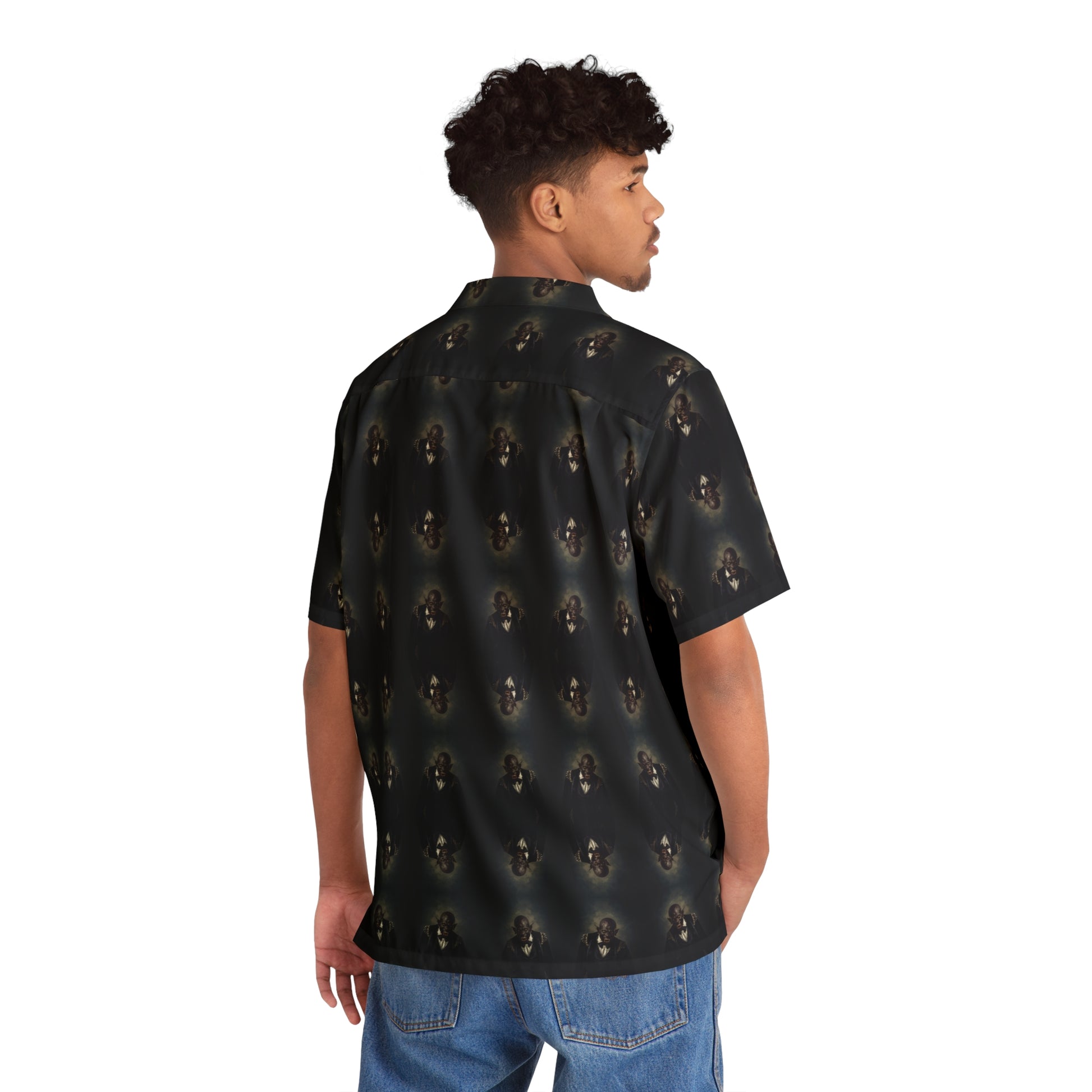 "Dracula Lives" men's Hawaiian shirt with snarling black vampire graphic in monster aloha pattern; back view; on model.
