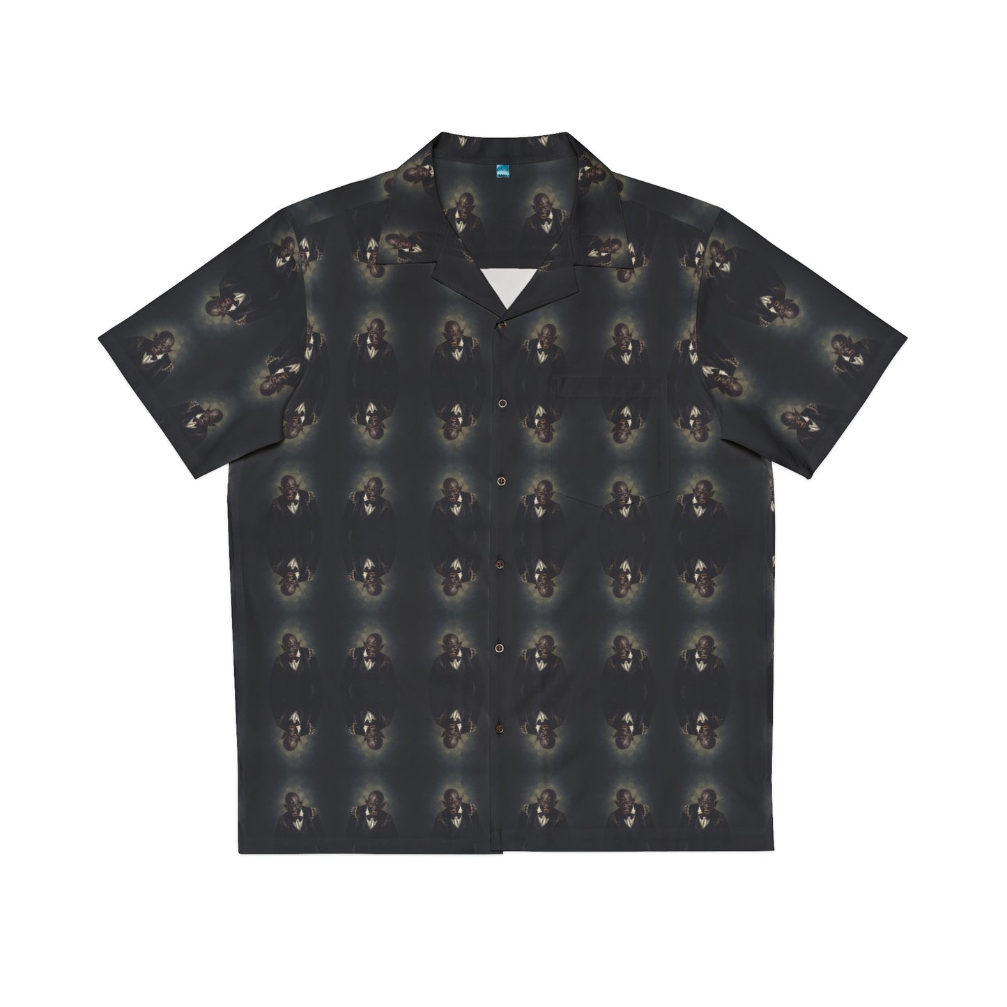 "Dracula Lives" men's Hawaiian shirt with snarling black vampire graphic in monster aloha pattern; front view; flat lay.
