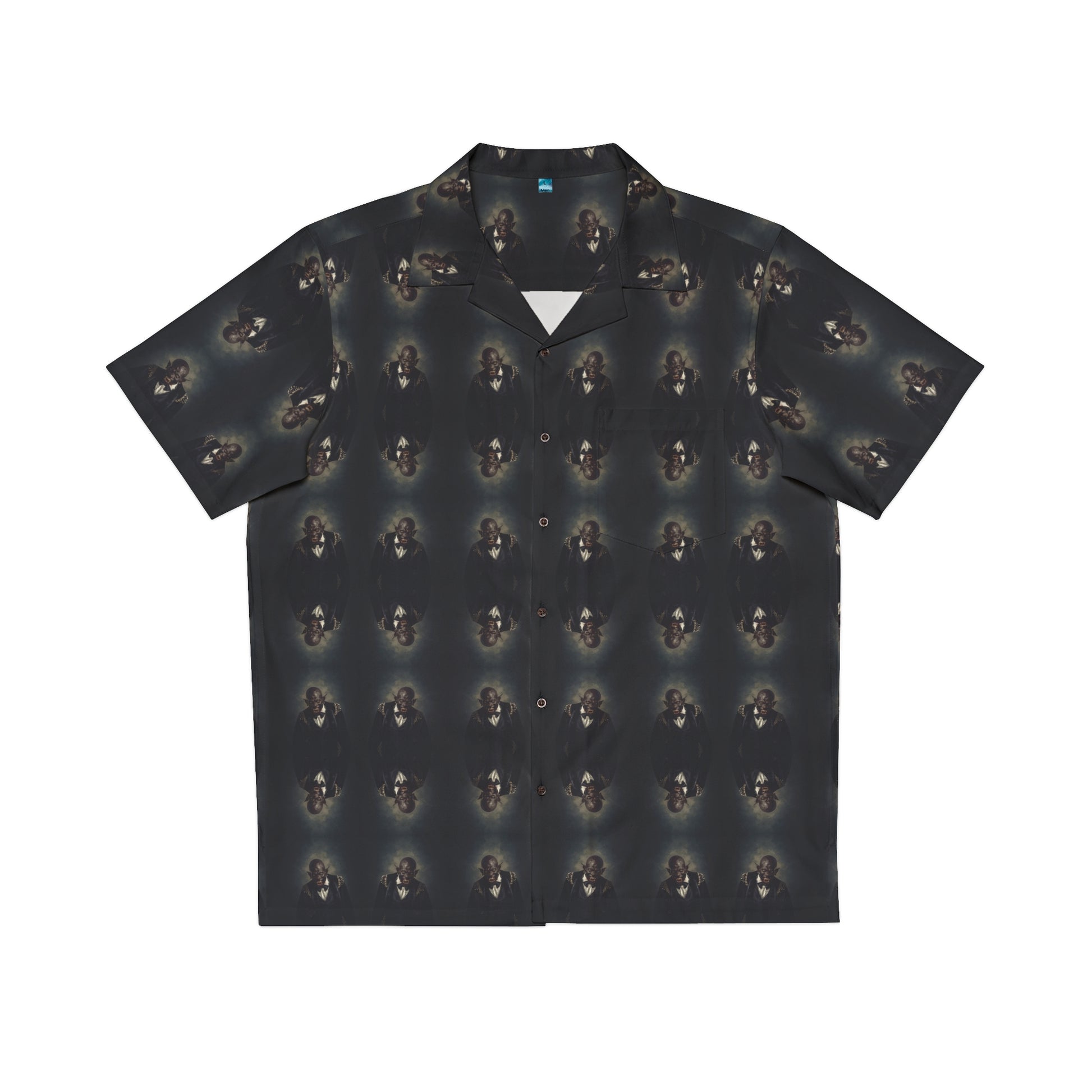 "Dracula Lives" men's Hawaiian shirt with snarling black vampire graphic in monster aloha pattern; front view; flat lay.

