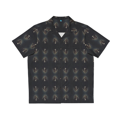 "Dracula Lives" men's Hawaiian shirt with snarling black vampire graphic in monster aloha pattern; front view; flat lay.
