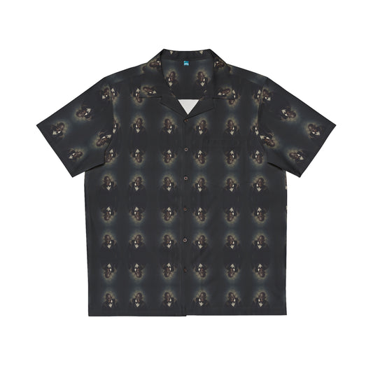 "Dracula Lives" men's Hawaiian shirt with snarling black vampire graphic in monster aloha pattern; front view; flat lay.
