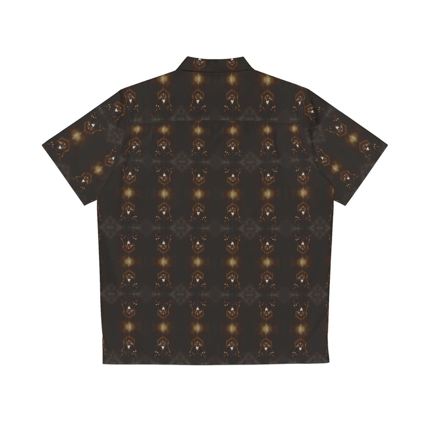 "Dracula's Throne" men's Hawaiian shirt with regal black vampire graphic in monster aloha pattern; back view; flat lay.
