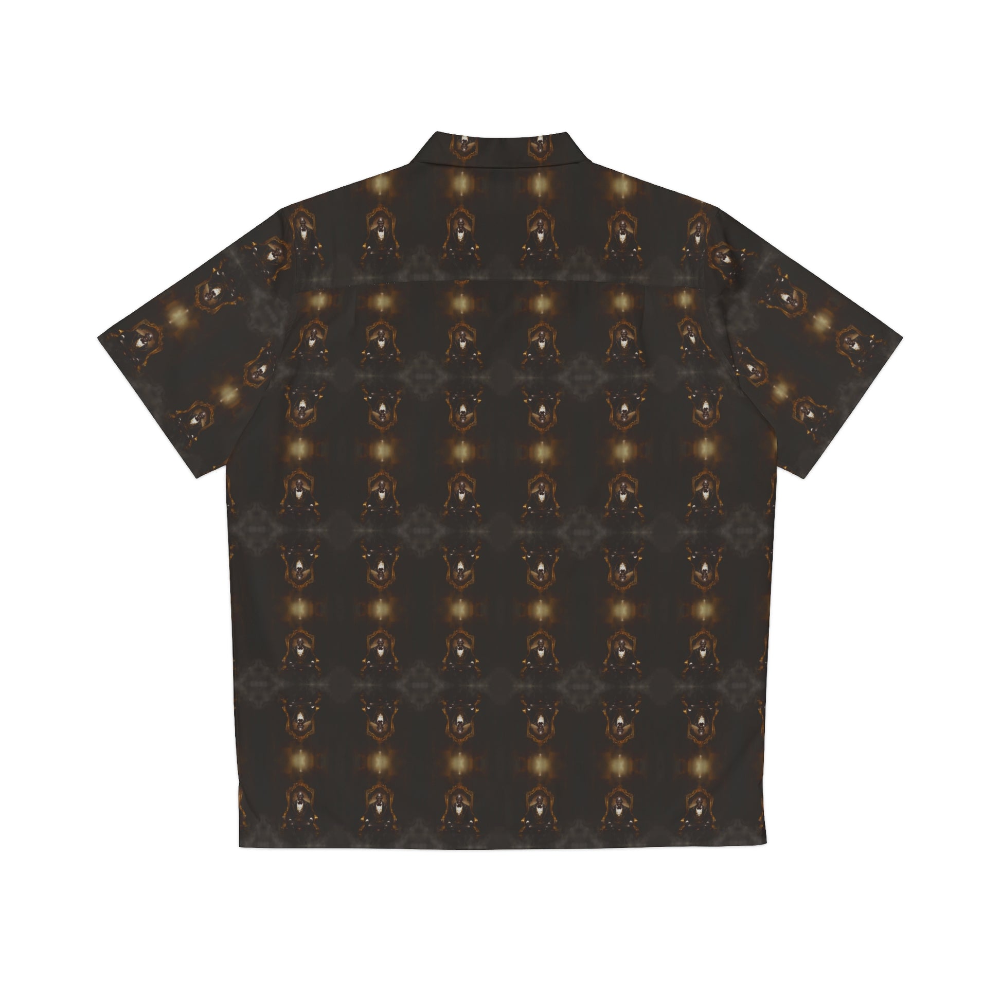 "Dracula's Throne" men's Hawaiian shirt with regal black vampire graphic in monster aloha pattern; back view; flat lay.
