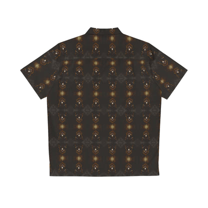 "Dracula's Throne" men's Hawaiian shirt with regal black vampire graphic in monster aloha pattern; back view; flat lay.
