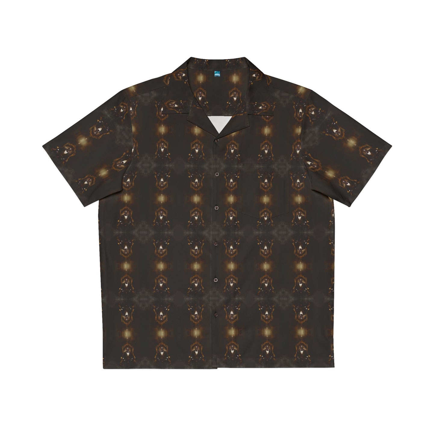 "Dracula's Throne" men's Hawaiian shirt with regal black vampire graphic in monster aloha pattern; front view; flat lay.
