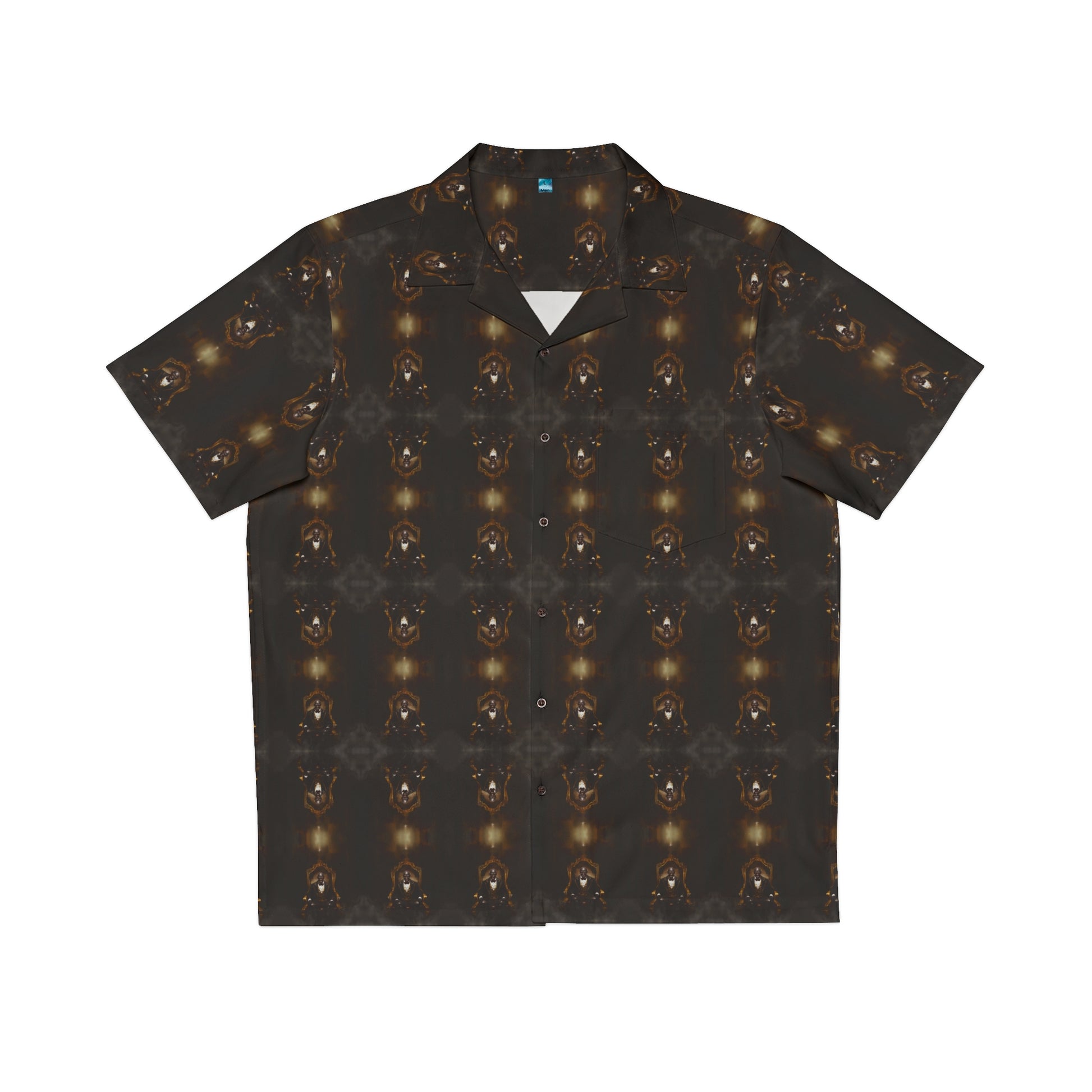 "Dracula's Throne" men's Hawaiian shirt with regal black vampire graphic in monster aloha pattern; front view; flat lay.
