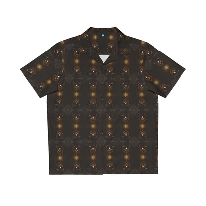 "Dracula's Throne" men's Hawaiian shirt with regal black vampire graphic in monster aloha pattern; front view; flat lay.
