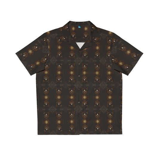 "Dracula's Throne" men's Hawaiian shirt with regal black vampire graphic in monster aloha pattern; front view; flat lay.
