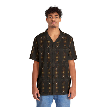 "Dracula's Throne" men’s Hawaiian shirt with regal black vampire graphic in monster aloha pattern; front view; on model.
