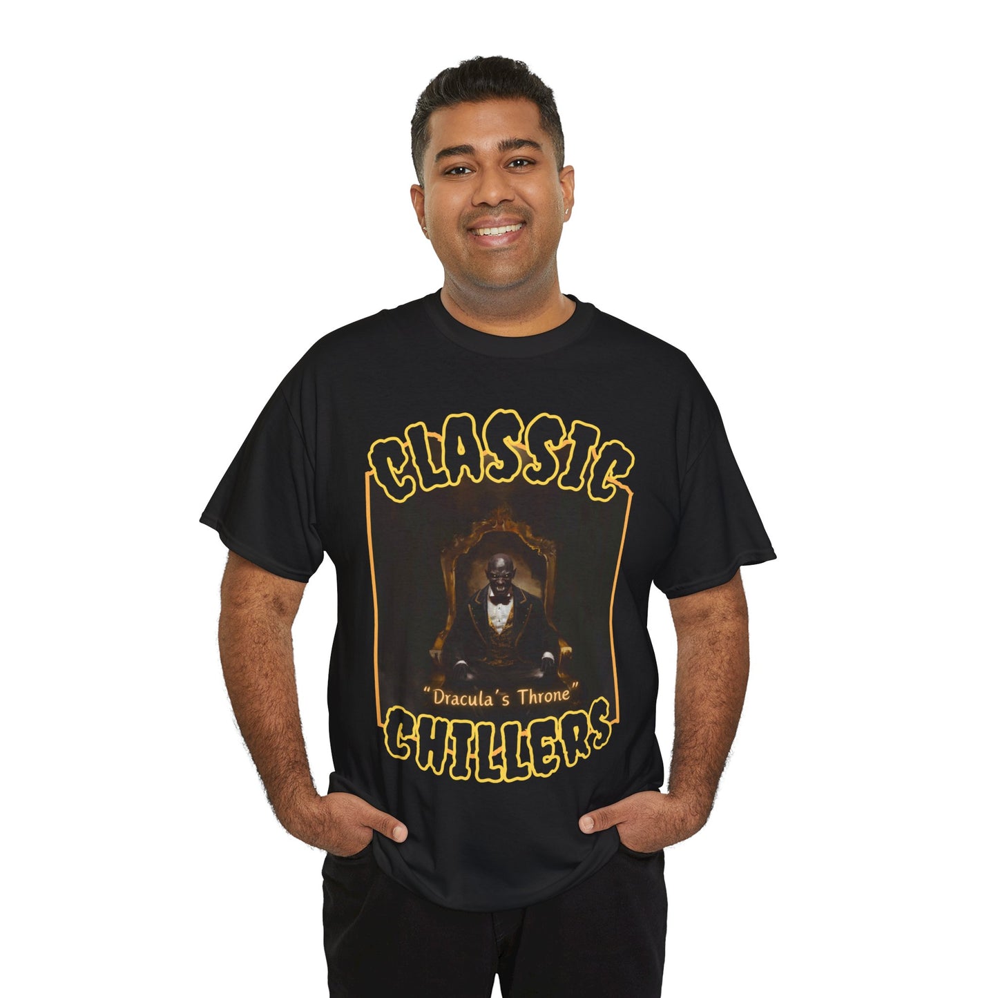"Dracula's Throne" black t-shirt with regal black vampire graphic and classic chillers logo; front view; on model.