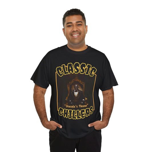 "Dracula's Throne" black t-shirt with regal black vampire graphic and classic chillers logo; front view; on model.