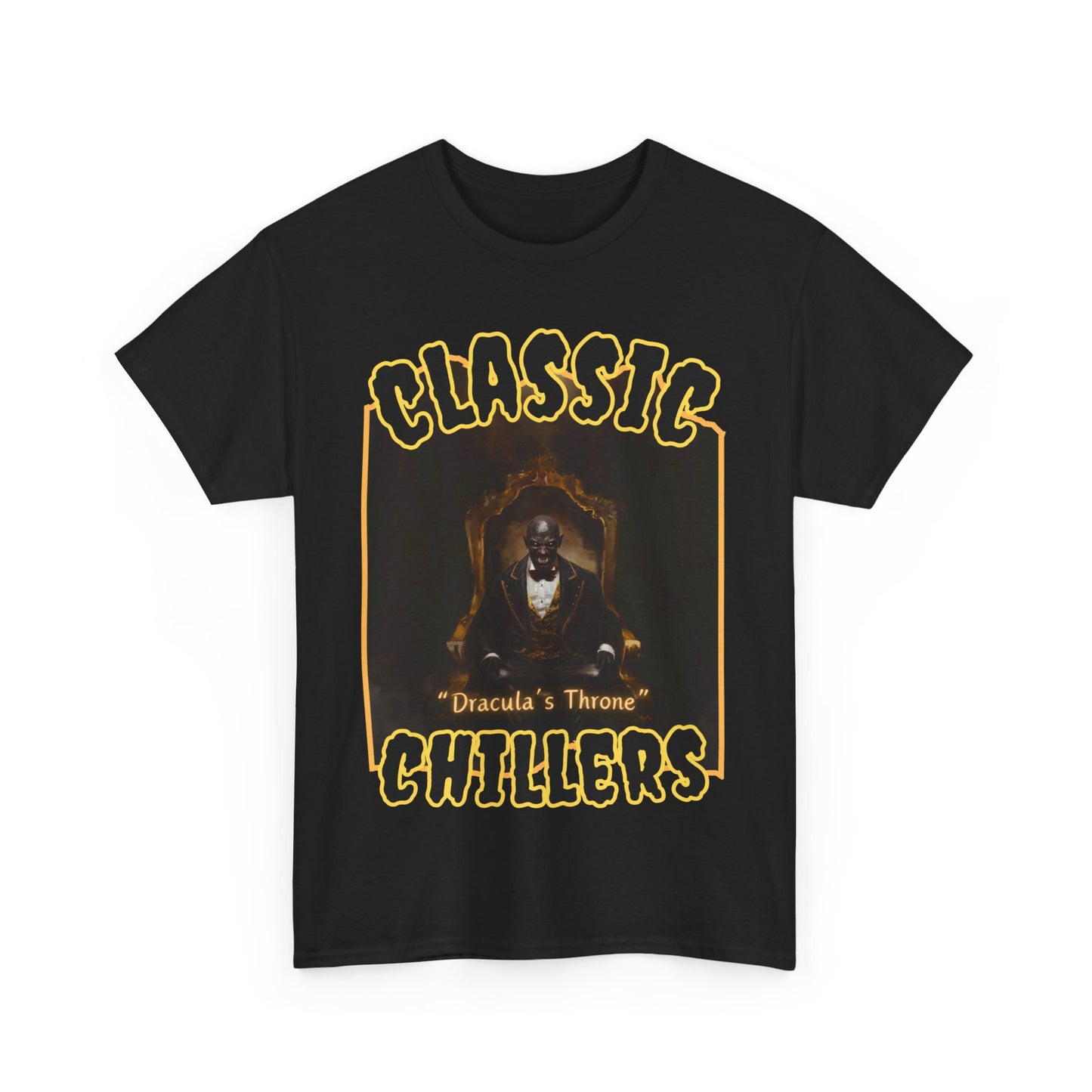 "Dracula's Throne" black t-shirt with regal black vampire graphic and classic chillers logo; front view; flat lay.