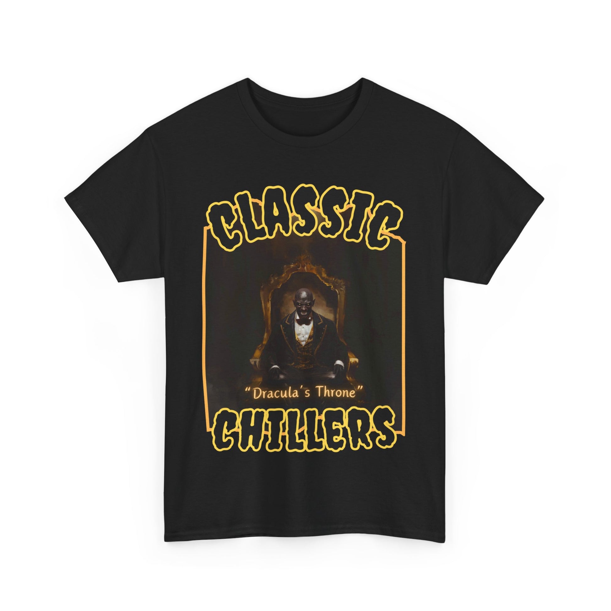 "Dracula's Throne" black t-shirt with regal black vampire graphic and classic chillers logo; front view; flat lay.