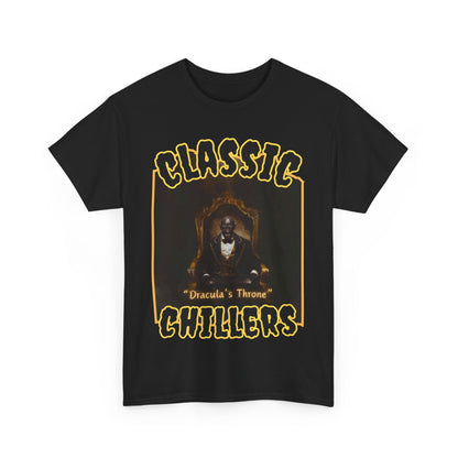 "Dracula's Throne" black t-shirt with regal black vampire graphic and classic chillers logo; front view; flat lay.