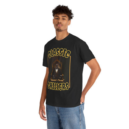 "Dracula's Throne" black t-shirt with regal black vampire graphic and classic chillers logo; three-quarter view; on model.