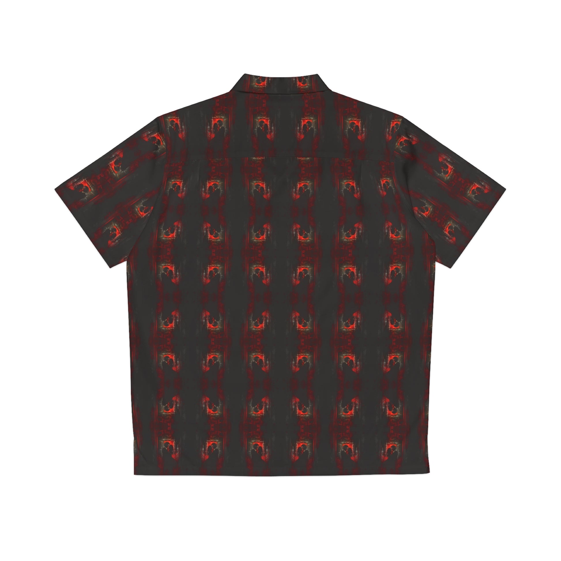 "Eternal Romance" men's Hawaiian shirt with vampire lovers embrace graphic in monster aloha pattern; back view; flat lay.
