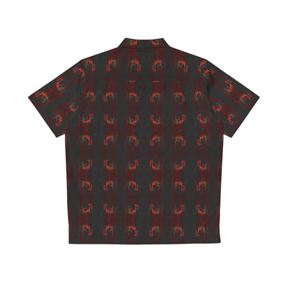 "Eternal Romance" men's Hawaiian shirt with vampire lovers embrace graphic in monster aloha pattern; back view; flat lay.
