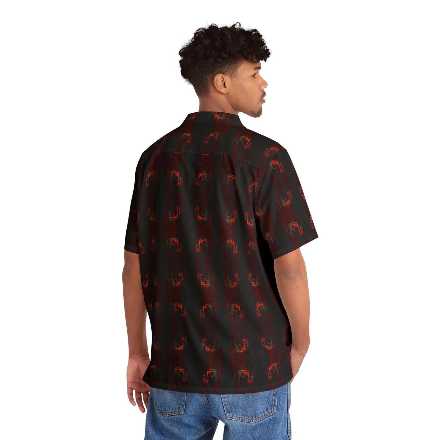 "Eternal Romance" men's Hawaiian shirt with vampire lovers embrace graphic in monster aloha pattern; back view; on model.
