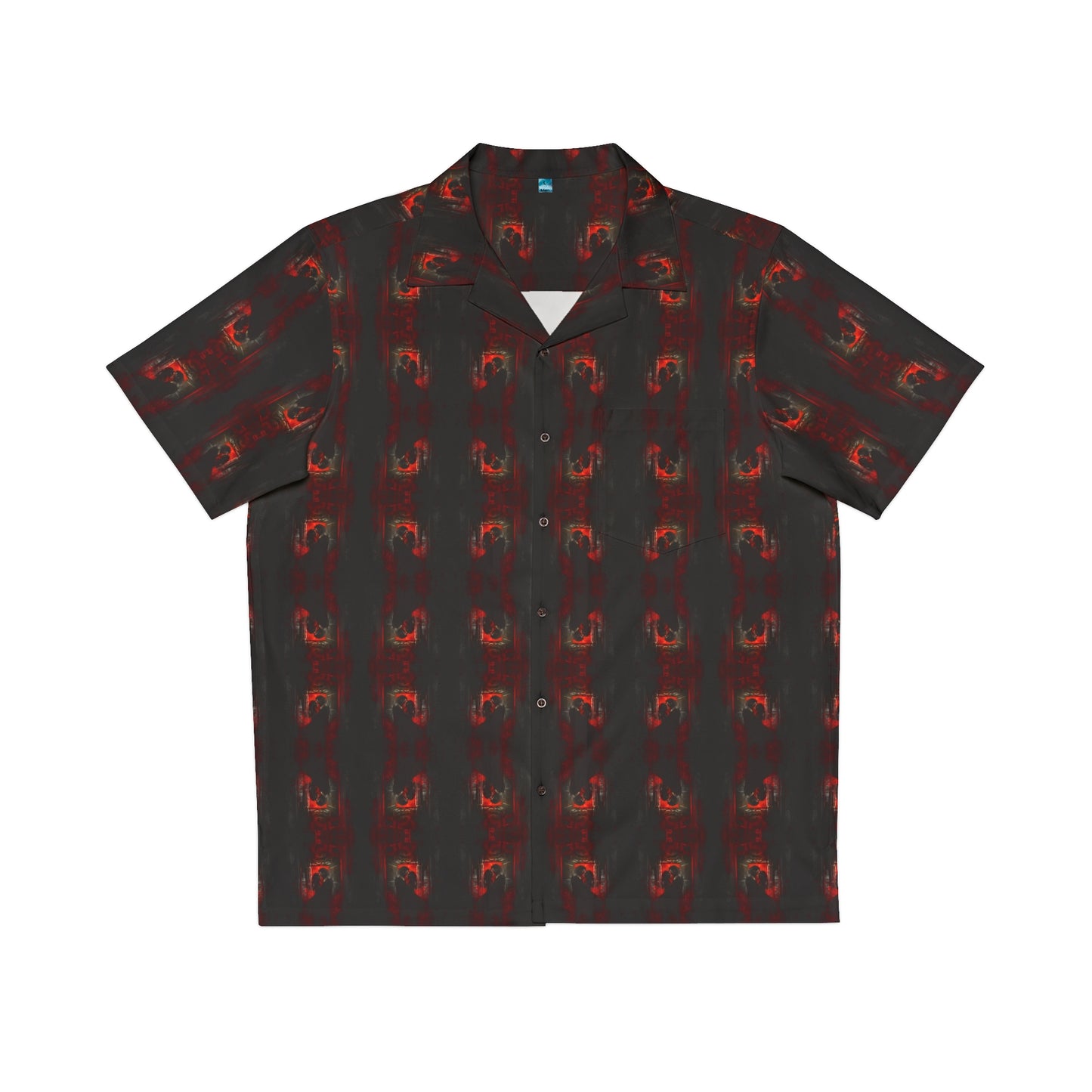 "Eternal Romance" men's Hawaiian shirt with vampire lovers embrace graphic in monster aloha pattern; front view; flat lay.
