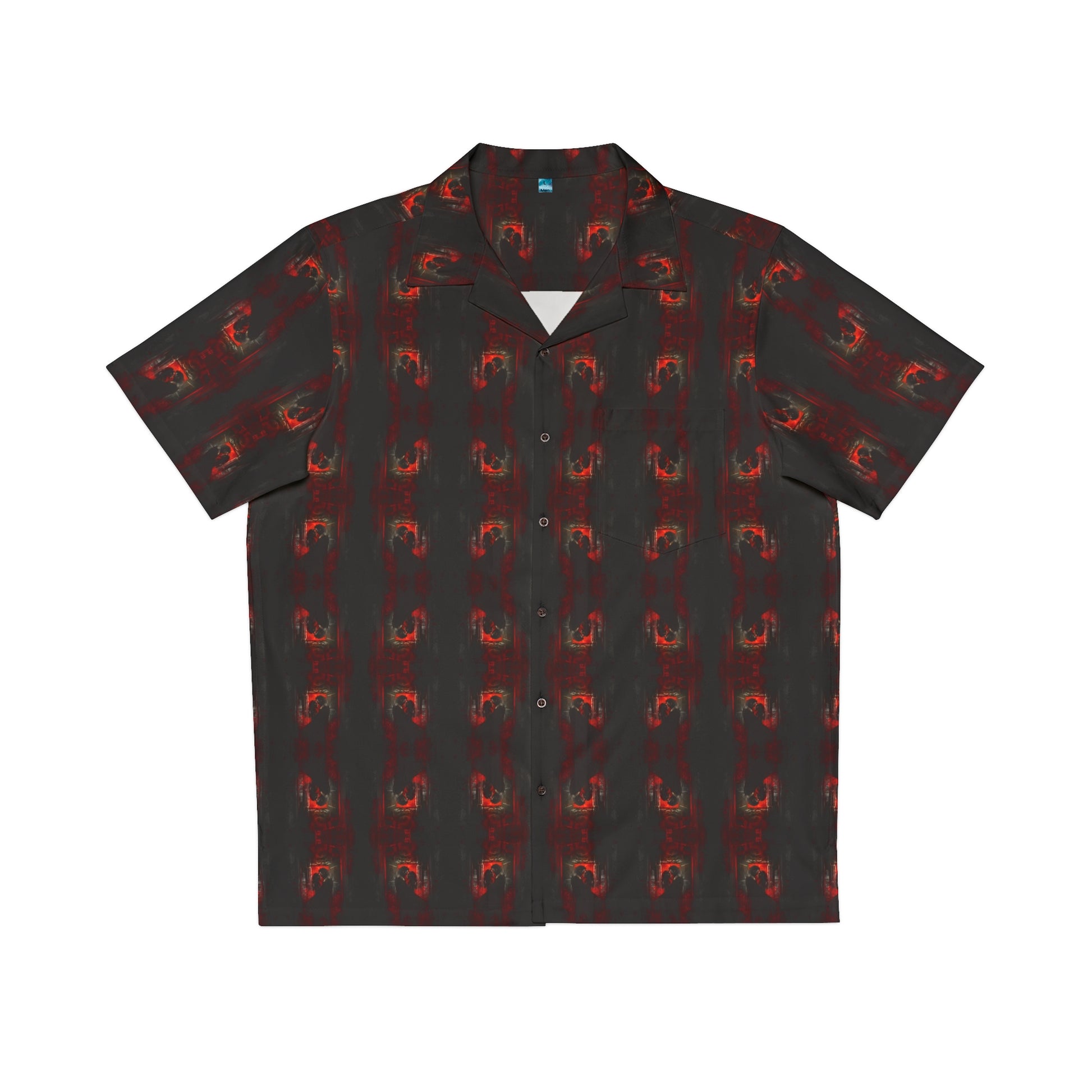 "Eternal Romance" men's Hawaiian shirt with vampire lovers embrace graphic in monster aloha pattern; front view; flat lay.
