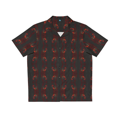 "Eternal Romance" men's Hawaiian shirt with vampire lovers embrace graphic in monster aloha pattern; front view; flat lay.
