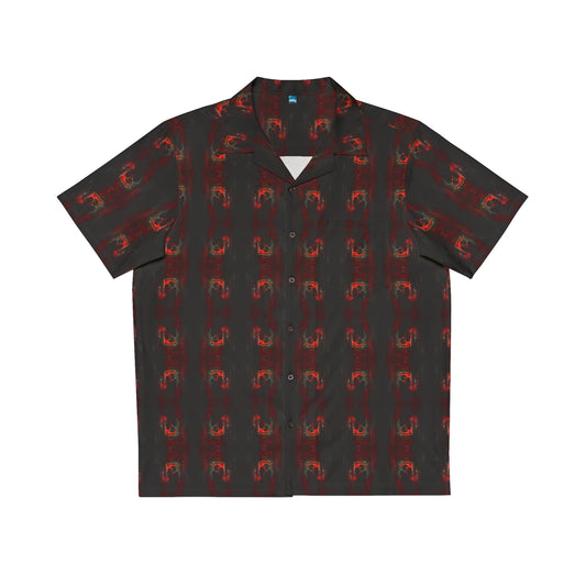 "Eternal Romance" men's Hawaiian shirt with vampire lovers embrace graphic in monster aloha pattern; front view; flat lay.
