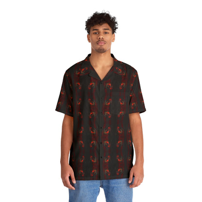 "Eternal Romance" men’s Hawaiian shirt with vampire lovers embrace graphic in monster aloha pattern; front view; on model.
