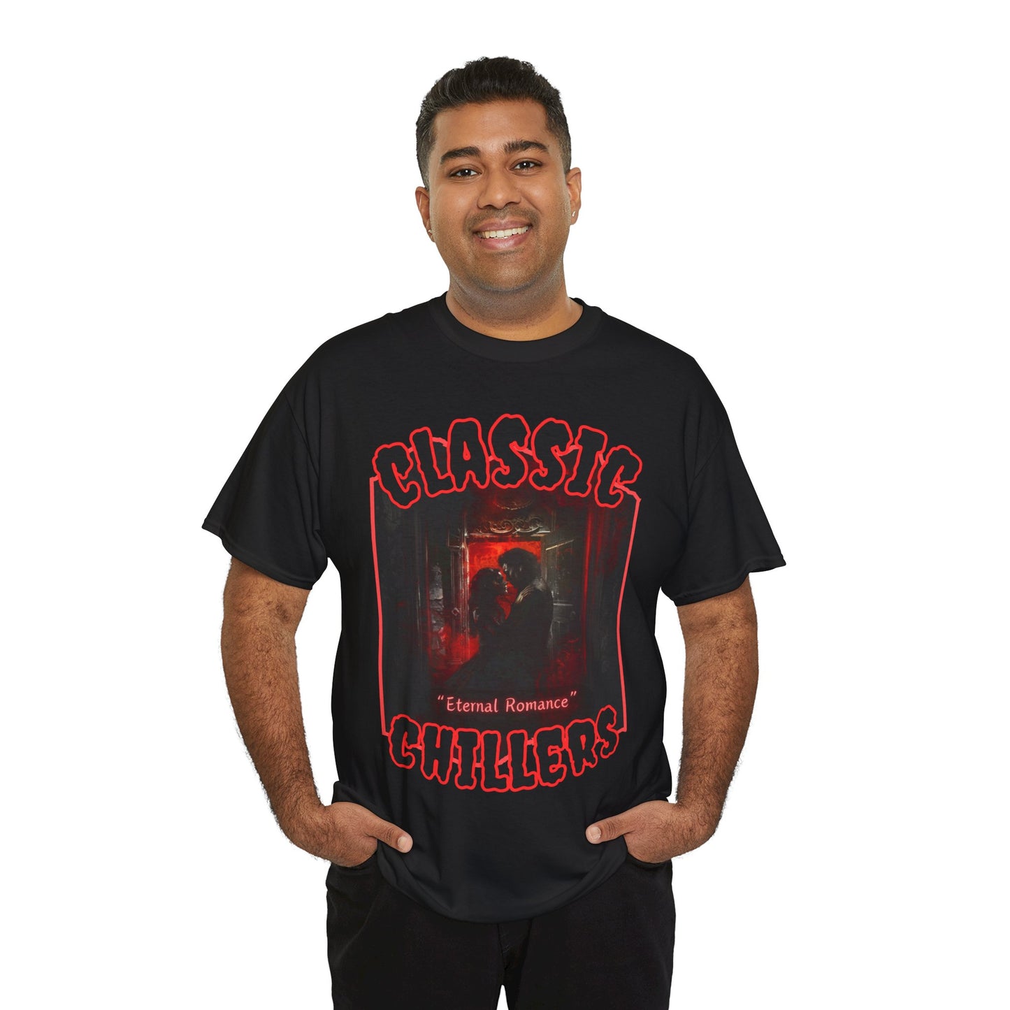 "Eternal Romance" black t-shirt with vampire lovers embrace graphic and classic chillers logo; front view; on model.