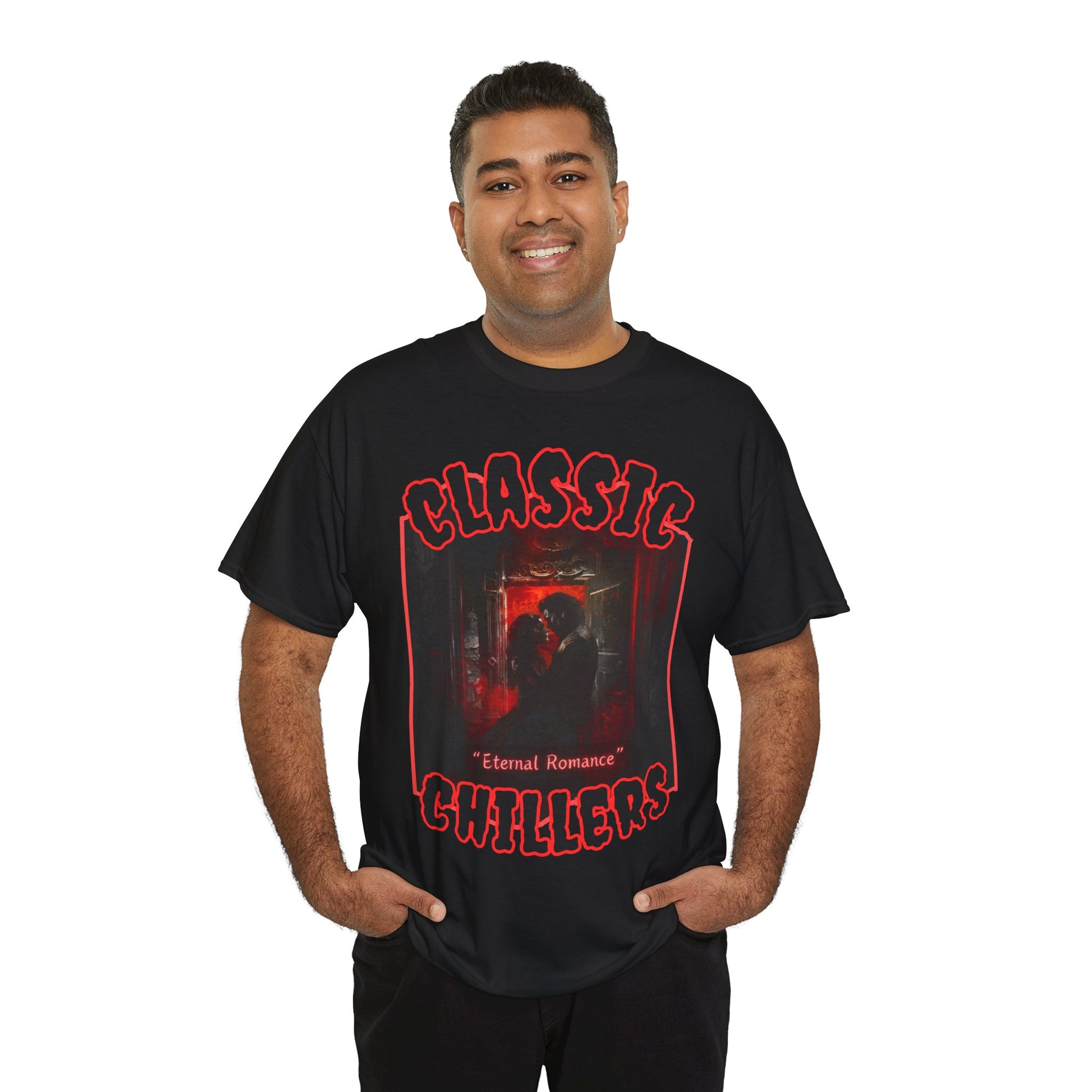 "Eternal Romance" black t-shirt with vampire lovers embrace graphic and classic chillers logo; front view; on model.