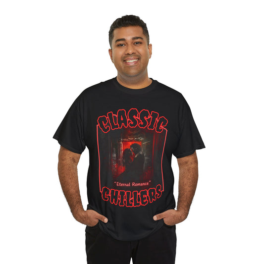 "Eternal Romance" black t-shirt with vampire lovers embrace graphic and classic chillers logo; front view; on model.