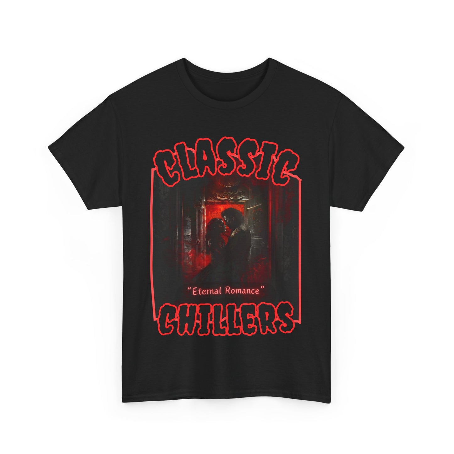 "Eternal Romance" black t-shirt with vampire lovers embrace graphic and classic chillers logo; front view; flat lay.