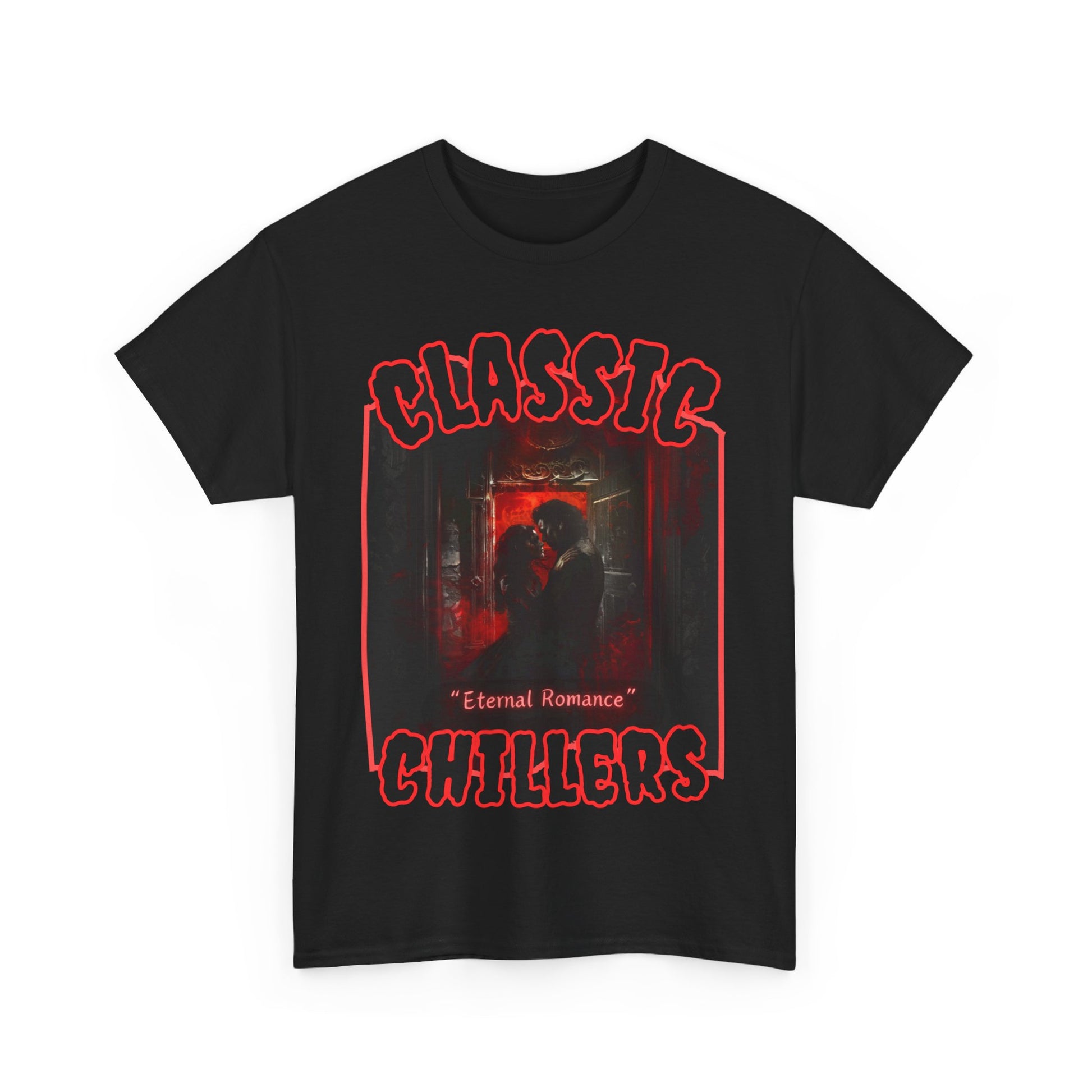 "Eternal Romance" black t-shirt with vampire lovers embrace graphic and classic chillers logo; front view; flat lay.