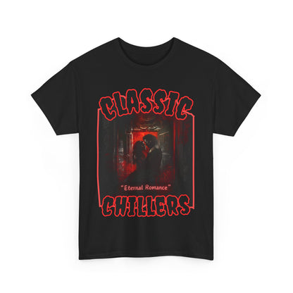 "Eternal Romance" black t-shirt with vampire lovers embrace graphic and classic chillers logo; front view; flat lay.