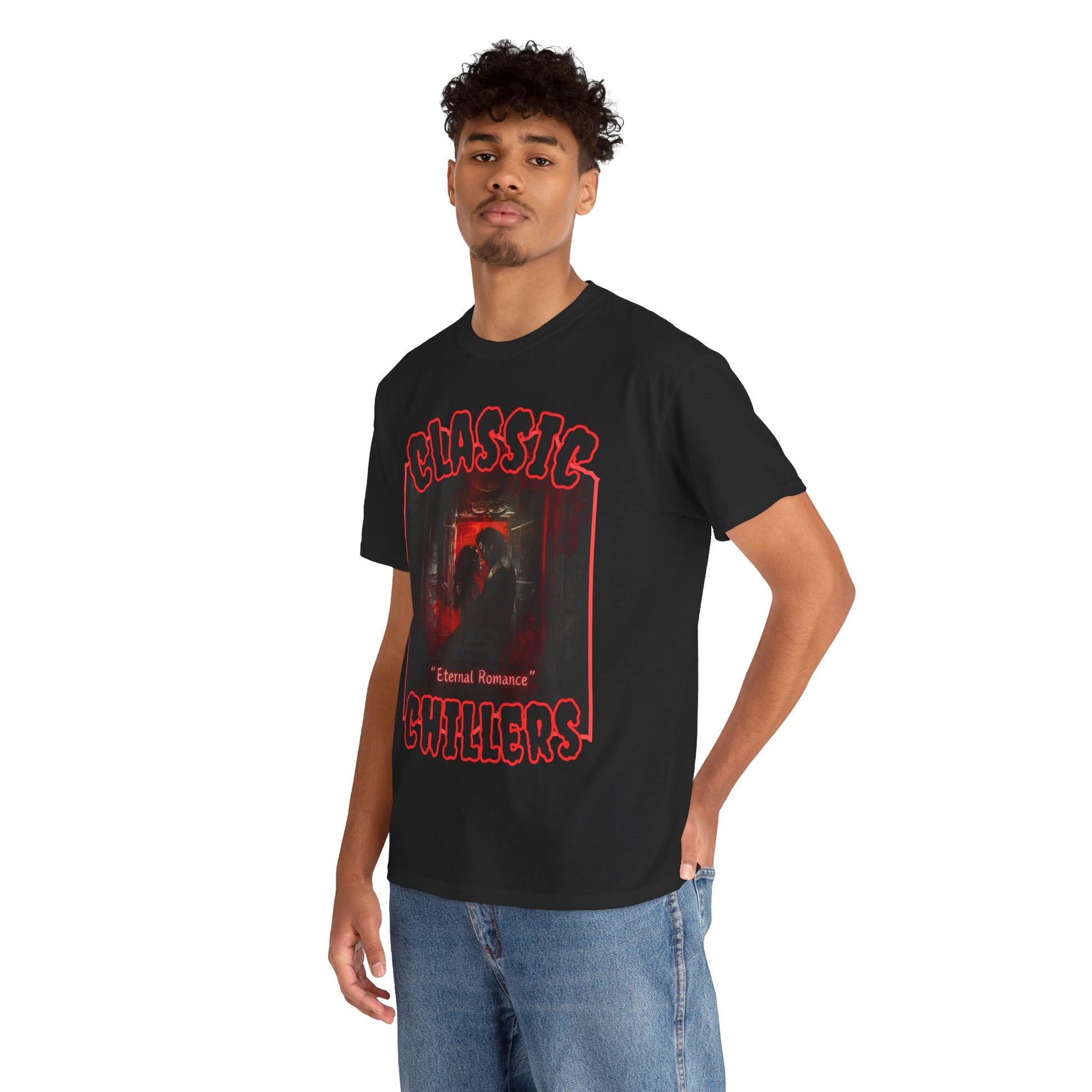 "Eternal Romance" black t-shirt with vampire lovers embrace graphic and classic chillers logo; three-quarter view; on model.