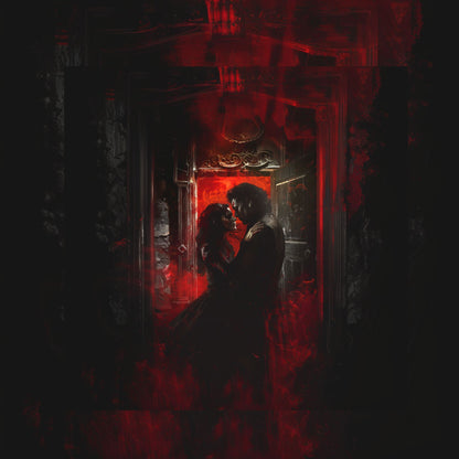 "Eternal Romance" vampire lovers embrace in a doorway with a red background
