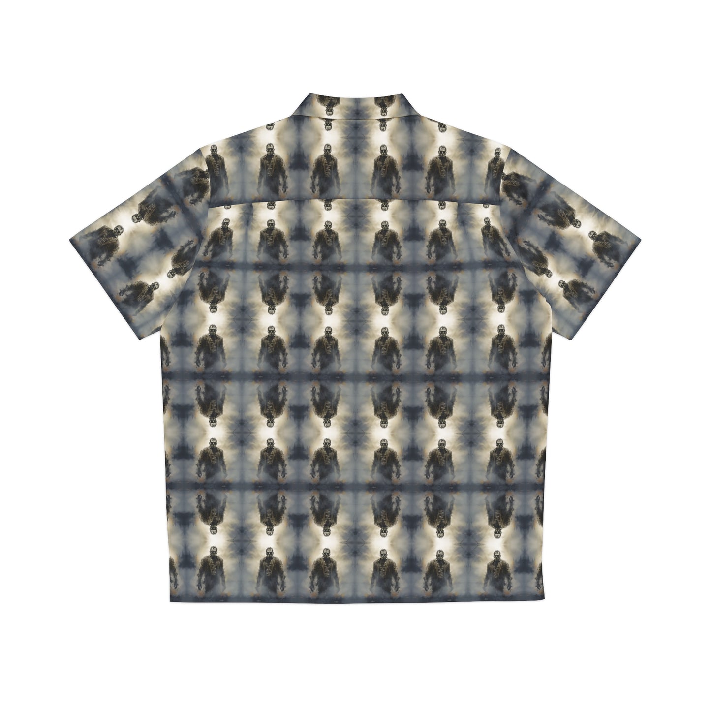 "Frankenstein" men's Hawaiian shirt with gothic horror creature graphic in monster aloha pattern; back view; flat lay.
