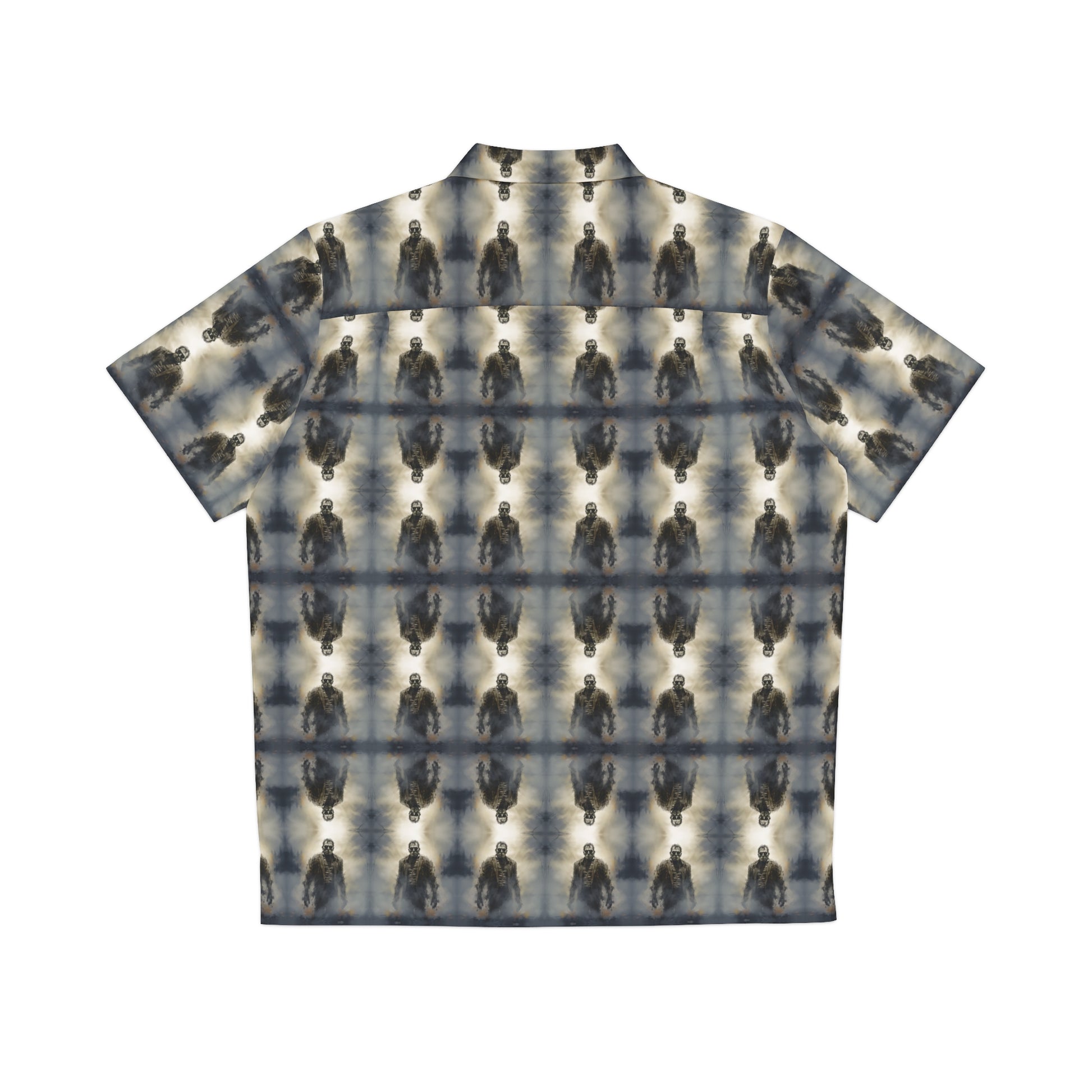 "Frankenstein" men's Hawaiian shirt with gothic horror creature graphic in monster aloha pattern; back view; flat lay.
