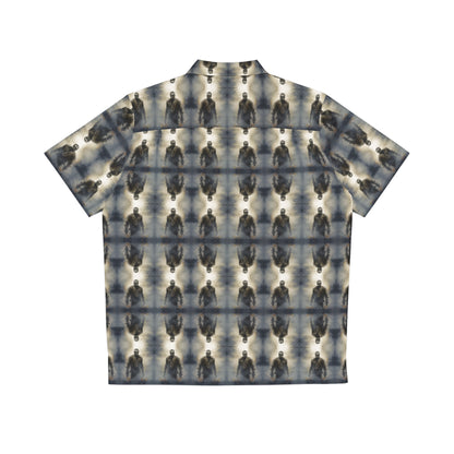 "Frankenstein" men's Hawaiian shirt with gothic horror creature graphic in monster aloha pattern; back view; flat lay.
