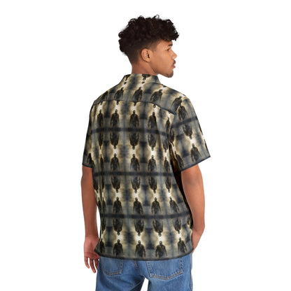 "Frankenstein" men's Hawaiian shirt with gothic horror creature graphic in monster aloha pattern; back view; on model.

