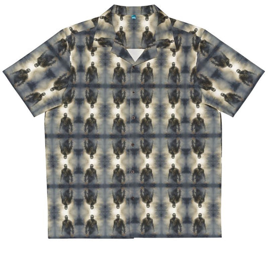"Frankenstein" men's Hawaiian shirt with gothic horror creature graphic in monster aloha pattern; front view; flat lay.
